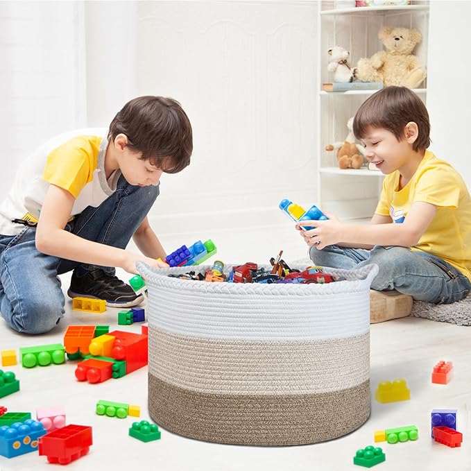 COMSE Extra Large Blanket Basket, Woven Laundry Basket, 21.7âx 13.8â, Nursery Hamper, Cotton Rope Laundry Hamper Living Room for Storage Toys Clothes Towels(White & Gradient Brown)