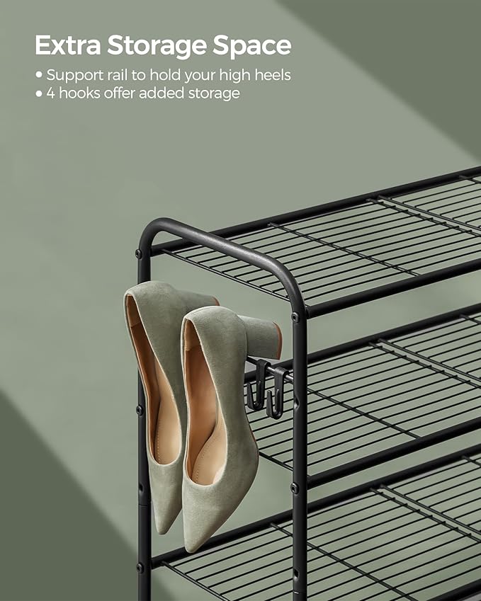 SONGMICS Shoe Rack, 3-Tier Shoe Organizer, Metal Shoe Shelf Storage with 4 Side Hooks, Holds 15 Pairs of Shoes, Height-Adjustable Shoe Rack for Entryway, Hallway, Closet, Ink Black ULMR138B01
