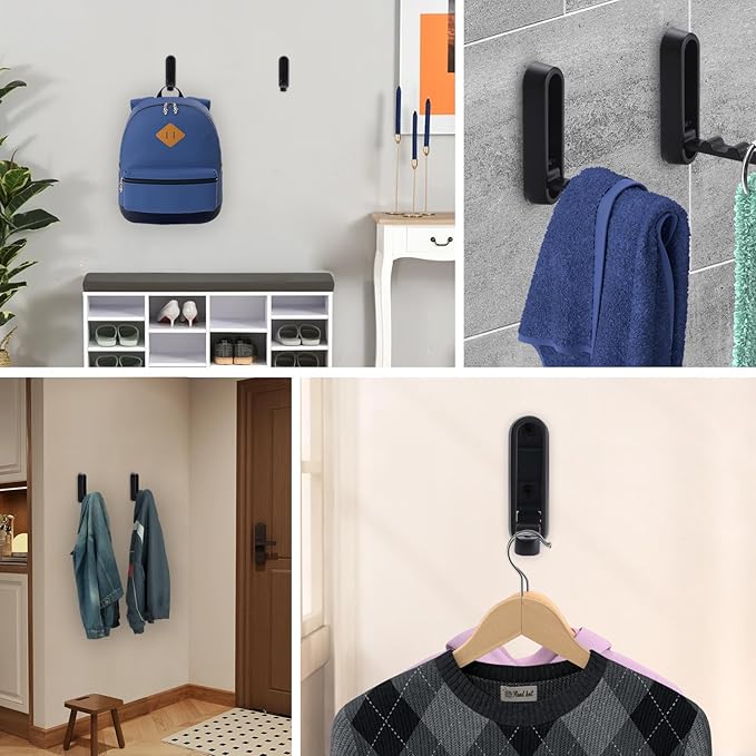 Folding Wall Hooks, 4pcs Foldable Coat Hooks, Heavy Duty Folding Hook for Hanging Coats Towel Hat Backpack, Black