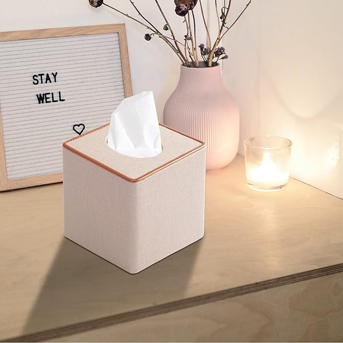 Linen Square Tissue Box Cover,Cube Tissue Box Holderï¼Excellent Rosegold Leather Decoration,Table Napkin Case Dispenser,Facial Tissues Organizer with Magnetic Bottom for Home Office Car(Beige)