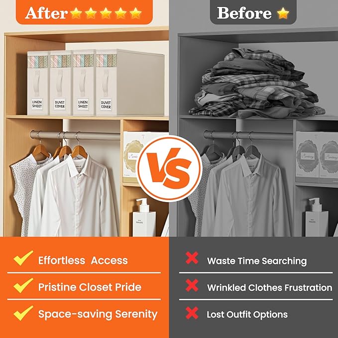 WOWBOX Sheet Organizers and Storage,Closet Bed Sheet Organizer Under Bed Storage and Organization with Label Cards & Clear Window for Bedding Sheets,Duvet Covers,Blankets (6 Pack,Beige)