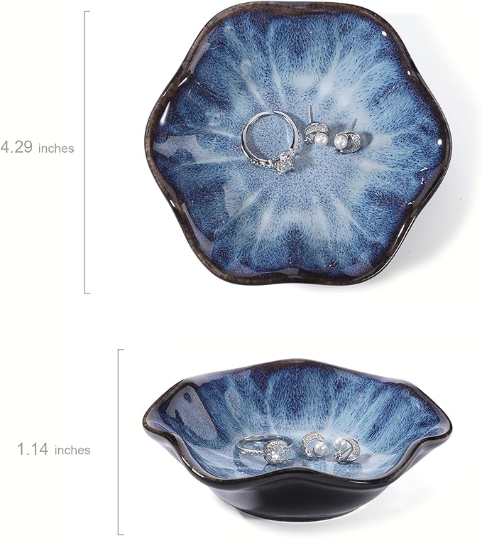 Blue Lotus Leaf Shape Ring Jewelry Dish Holder,Small Trinket Jewelry Tray,Decorative Jewelry Plate Bowl,Key Bowl,Birthday Engegament Gifts for Women Friends,Ceramic