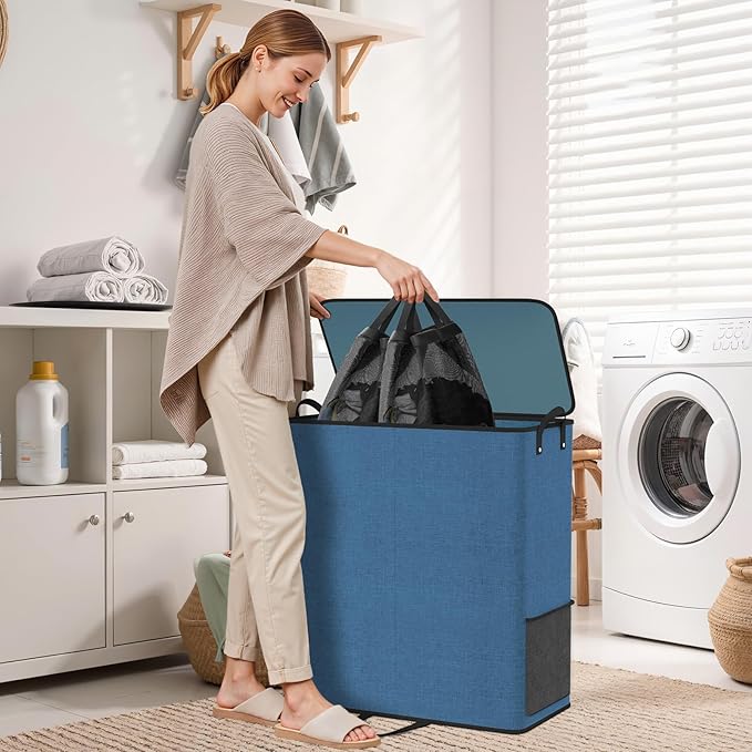Large Double Laundry Hamper with Lid, Removable Bags & Reinforced Handles, 2 Section Tall Laundry Basket, Dirty Clothes Hampers for Laundry Room, Bedroom, Bathroom, Dorm, 136L, Blue