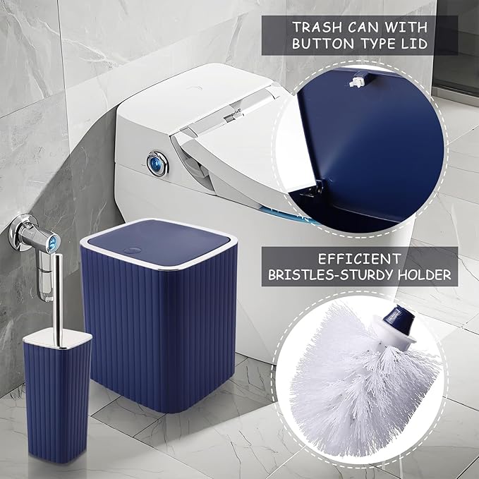 Navy Blue Bathroom Accessories Set - Gorgeous Bathroom Set, 10PC Bathroom Accessory Set, Toilet Brush, Trash Can, Qtip Holder & Soap Dispenser
