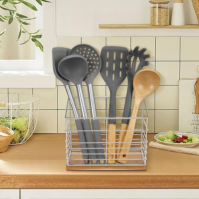 Utensil Holder for Kitchen Counter, Metal Utensil Holder Rack for Kitchen Countertop, Cooking Tools Storage for Spatula, Utensil Organizer with Wooden Base, and Drainage Hole (Chrome Wooden)