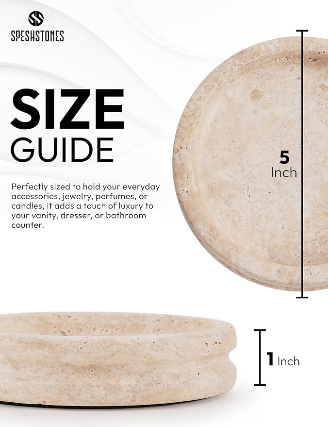 Marble Jewelry Dish 5 Inch Handmade Travertine Ring Holder - Trinket Tray for Vanity & Aesthetic Room Decor, Stone Key & Candle Plate for Entryway Table