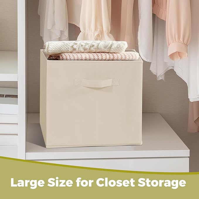 11 Inch Fabric Storage Cubes, Sturdy Foldable Storage Bins, Heavy Duty Cube Organizer for Clothes, Blankets, Shelves, Closets, Bedroom, Living Room, Beige, 5 Pack