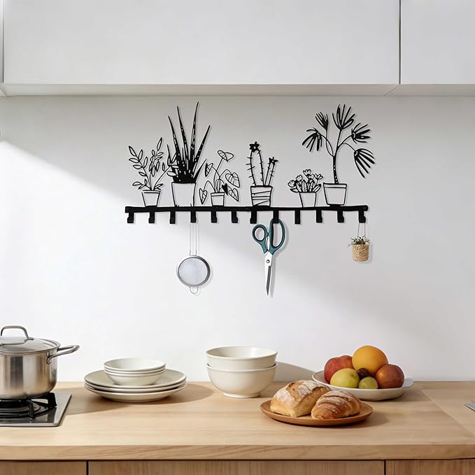 Black Metal Large Wall Mount Rack Set of 2 with 12 Hooks, Unique Wall Hooks for Clothes, Hat, Bag, Key, Cute Wall Hanger for Entryway, Front Door, Bathroom, Kitchen, Office, Home Organization