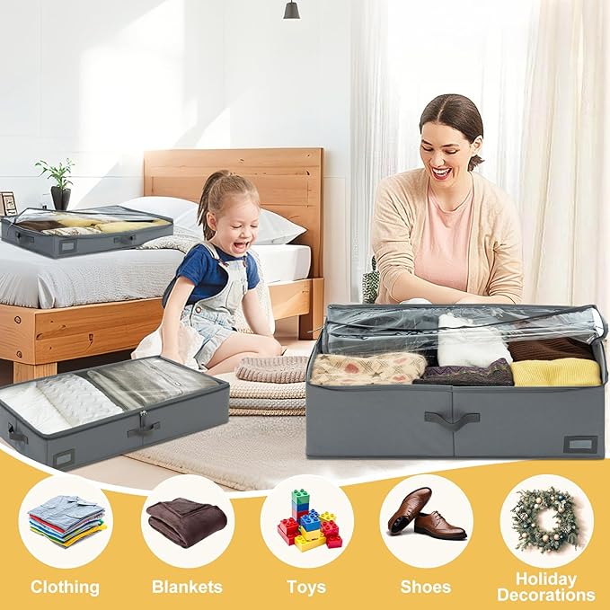 4-Inch Under Bed Storage Containers (2-Pack) | Sturdy Sidewalls | Clear Cover & Label Holder | Foldable Fabric Closet Bin Organizer | Stores Clothing/Blankets/Sweaters/Sheets