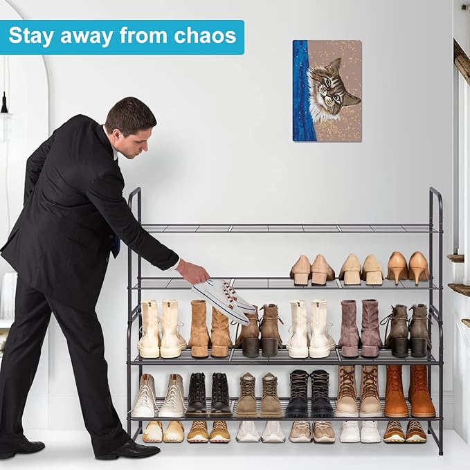 KEETDY 2-Tier Long Shoe Rack for Closet Entryway Shoe Organizer for 18 Pairs Sneakers, Metal Stackable Shoe Storage Shelf with Wire Grid for Bedroom, Floor, Bronze