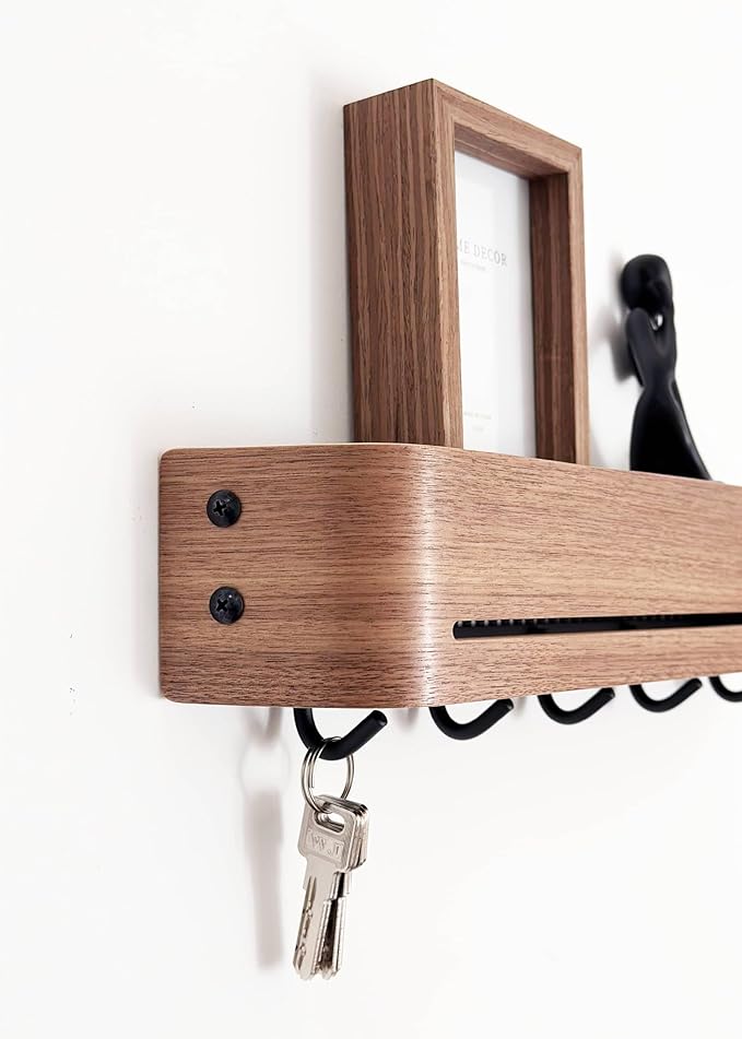 Modern Key Holder Wall Mount with 5 Retractable Hidden Hooks,Heavy Duty Coat Rack Wall Mount,Finland-Designed Entryway Organizer,17 inch,for Entryway,Living Room,Kitchen,Hallway,Walnut