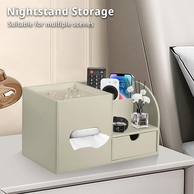 Square Tissue Box Cover with Tray and Organizer,Multi-Functional Decor Cube Tissue Box Holder,Tissue and Remote Control Holder for Vanity,Nightstand,Bathroom,Home,Office