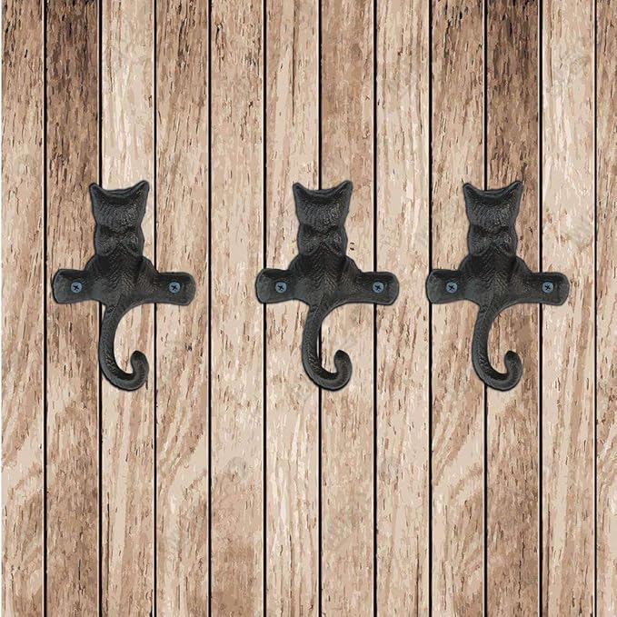DPOWERFUL Vintage Cat Design Cast Iron Wall Hooks - Rustic Metal Coat, Hat & Towel Hangers, Decorative Key Holder for Entryway, Farmhouse Decor with Mounting Hardware, 3 Pack