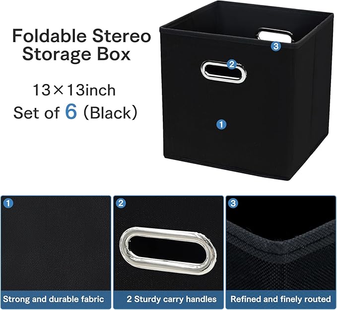 STOREONE 13 Inch Cube Organizer Bins ,Black Fabric Storage Bins,Foldable Storage Bins Basket with Dual Handles Fabric Organizer Bins and Storage Box,Set of 6,Black