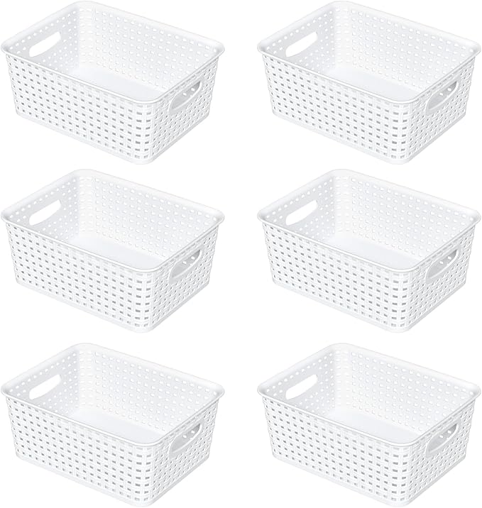 6-Pack Woven Plastic Storage Baskets, White Pantry Plastic Baskets
