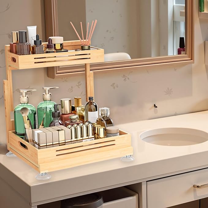 Under Sink Organizer, Pull Out Cabinet Organizer, 2 Tier Slide Out Sink Shelf Cabinet Storage Shelves, Storage for Kitchen Bathroom, Natural Premium Bamboo Wood