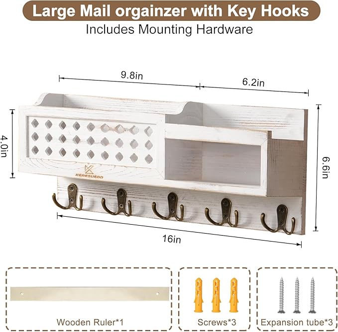 Key and Mail Holder Wall Mount - Mail Organizer Wall Mounted with Hooks and Storage Box, Key Rack for Entryway, Wall Mail Organizer for Home, Modern Farmhouse Decor, Easy Install Key Hanger (White)
