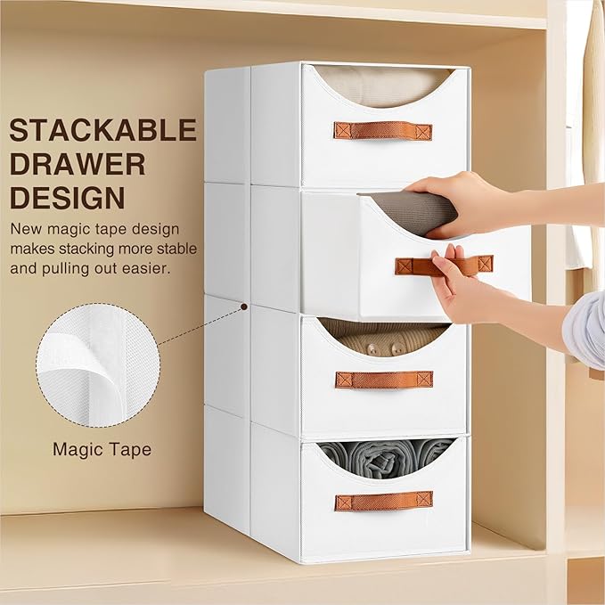 Stackable Storage Drawers - Collapsible Storage Bins with Drawers, 4 Pack Closet Shelf Organizer Basket, Fabric Pull Out Organizer for Bedroom, Living Room, Dorm, White