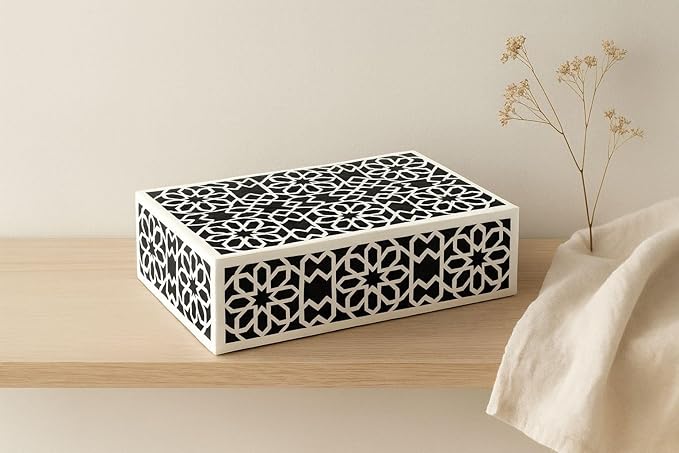 Decorative Storage Box, Handmade Chevron Pattern, Boho Style, Multipurpose Gift Box (white flower, 12X4X2.5 Inch)