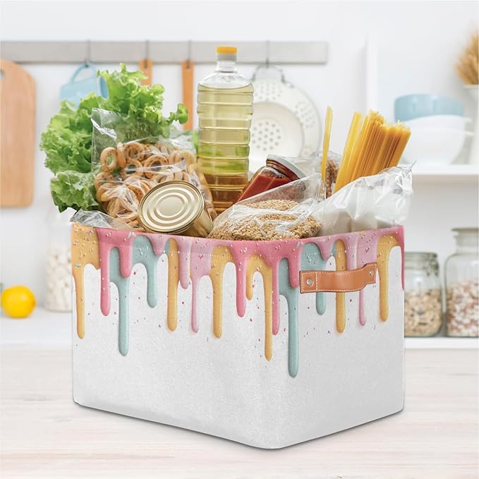 Cute Storage Bins for Organization, Canvas Book Storage Bins Handles, Bedroom Shelves Decorative Baskets for Organizing, Fabric Cube Bin Classroom Dorm Closet Organizer Box (Ice Cream)