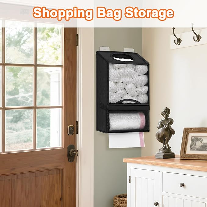 Plastic Bag Holder for Grocery Bags - Large Wall Mount Grocery Bag Holder with Dispenser for Kitchen, Oxford Cloth 2-in-1 Space-saving Plastic Bags Organizer, Black