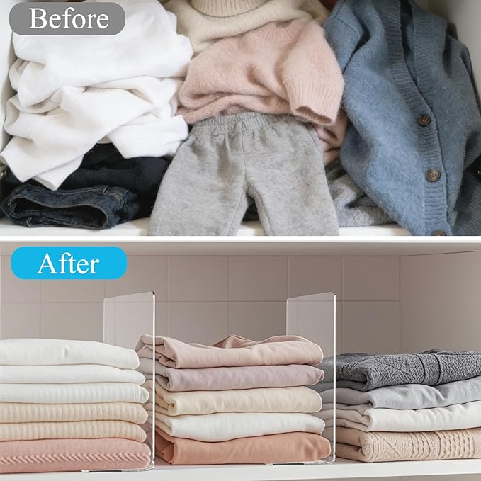 Shelf Dividers for Closet Organization: 12" Tall x 10" Deep Acrylic Closet Shelf Dividers for Clothes Sweater Purse - Clear Organizers and Storage Separators for Home Space Saver Enthusiasts