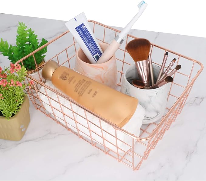 Metal Wire Storage Basket with Handles for Kitchen Food Pantry Papers Home Office Desk Bathroom Laundry Room Bedroom Bed Room Organizer, Rose Gold