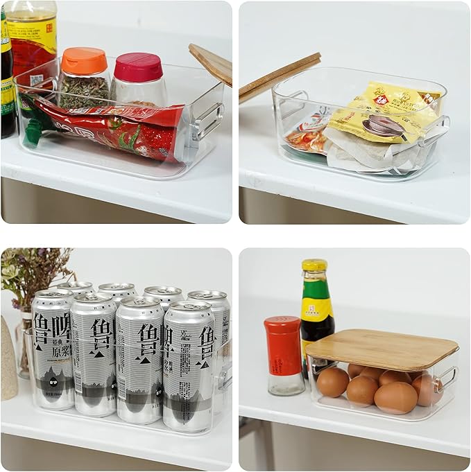 4 Pack Clear Plastic Storage Bins with Bamboo Lids, storage boxes ,Storage Containers, Medicine Cabinet,Organizer, picnic container,Bread Box for Kitchen,Cupboard, Pantry Shelves, bathroom in 3 sizes