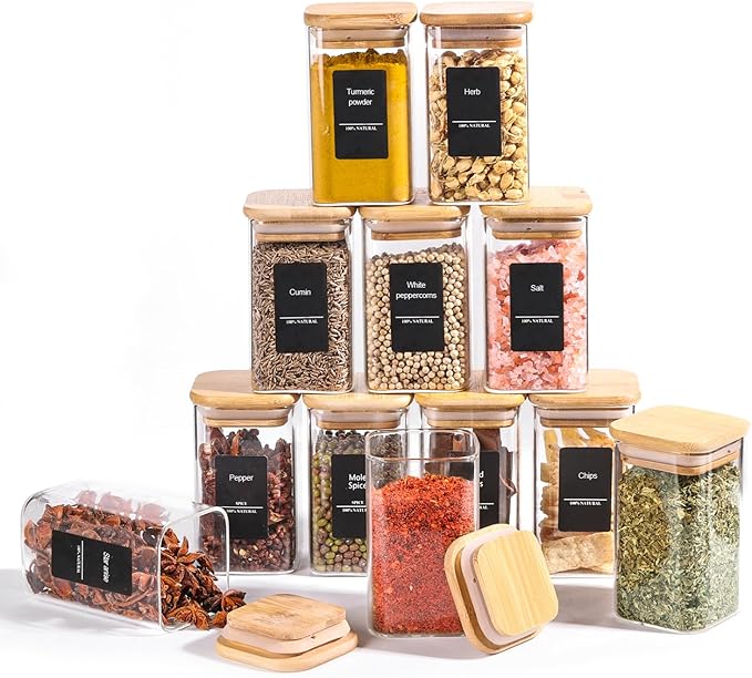 ComSaf 12Pcs Spice Jars with Labels, Glass Jar with Bamboo Lid, 8oz Airtight Square Containers with Black Lables, Empty Seasoning Jars for Spice, Salt, Pepper, Sugar