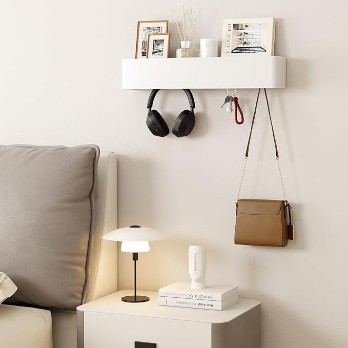 Solid Wood Wall Mounted Coat Rack with Shelf Hooks - Modern Floating Shelves with 5 Hidden Hooks, Heavy Duty Entryway Coat Key Holder Hanger for Hallway Bathroom Bedroom Home Decor