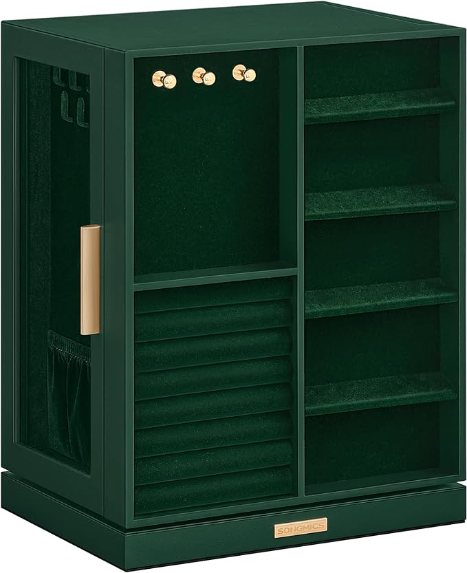 SONGMICS Jewelry Box 360° Rotating, Jewelry Storage Case with 5 Drawers, Jewelry Organizer, Glass Window, Spacious, Vertical Jewelry Storage, Open Design, Great Gift, Forest Green UJBC170C01