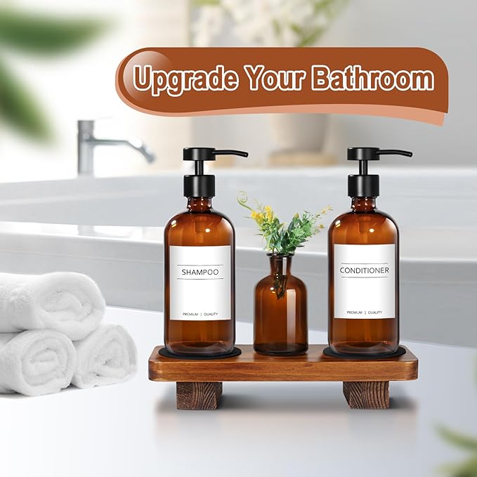 Amber Glass Soap Dispenser with Upgraded Flat Pump, Dish Soap Dispenser for Kitchen, Hand Soap Dispenser for Bathroom, Decorative Vase & Wood Riser Bathroom Decor(Amber02)