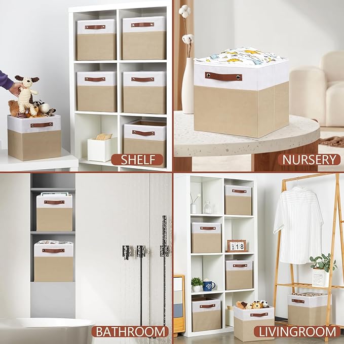 HNZIGE Cube Storage Organizer Bins,Shelf Fabric Storage Bin 11 x 11, 6 PCS Canvas Linen Organizers Bins,Decorative Storage Cube Bin for Storage Blanket Home, Office(White Beige)