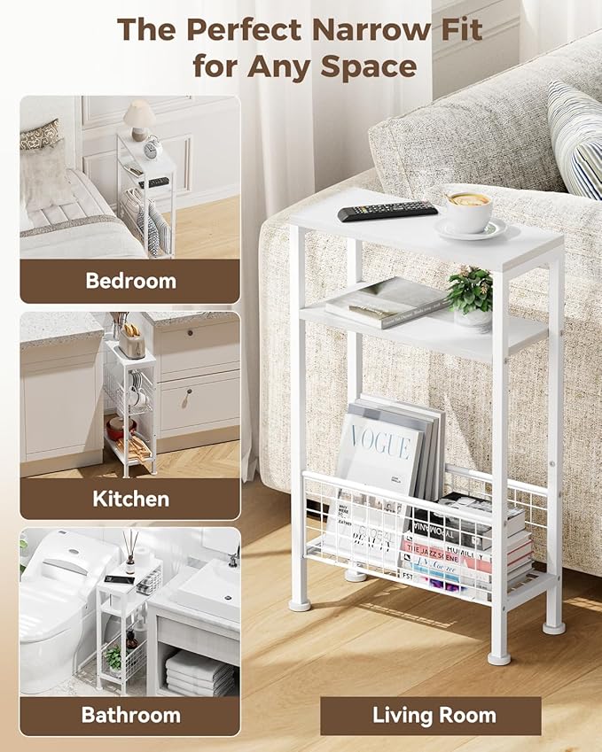 Karii Narrow Side Table, Skinny End Table for Small Spaces with Storage, 3-Tier Slim Wooden Bedside Nightstand Thin Couch Table for Living Room Bedroom Office Dorm Kitchen Bathroom (2, White)