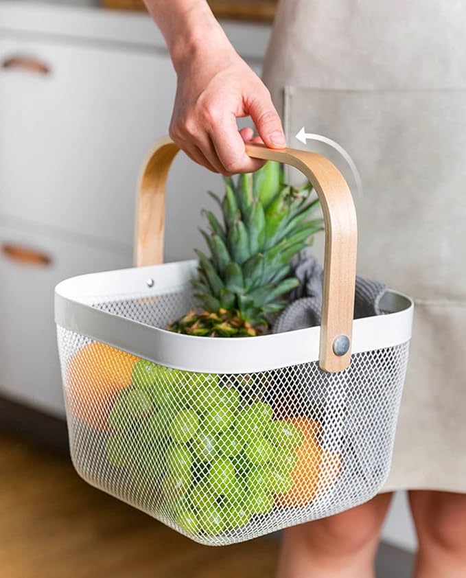 Mesh Steel Storage Organizer Basket Fruit Basket Bin with Wood Handle Ideal for Kitchen Bathroom Picnic Baskets Pantry Cabinets Storage Home Decor (Light Blue)