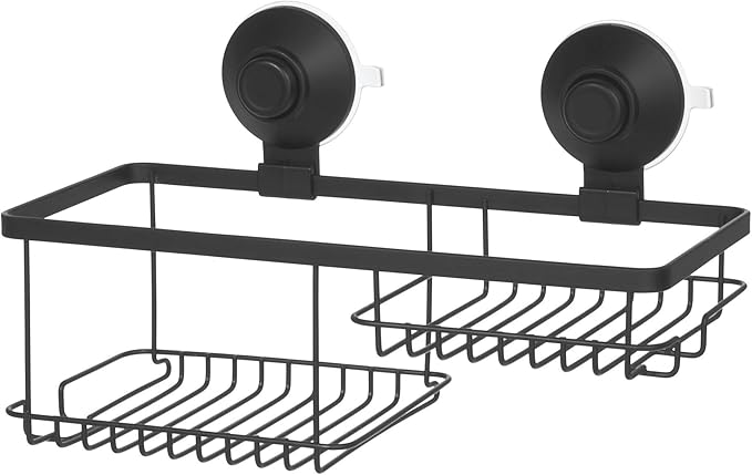 iDesign Everett Metal Push Lock Suction Shower Caddy, Extra Space for Shampoo, Conditioner, and Soap with Hooks for Razors, Towels, Loofahs, and More, 11.1" x 4.9" x 6.54", Matte Black