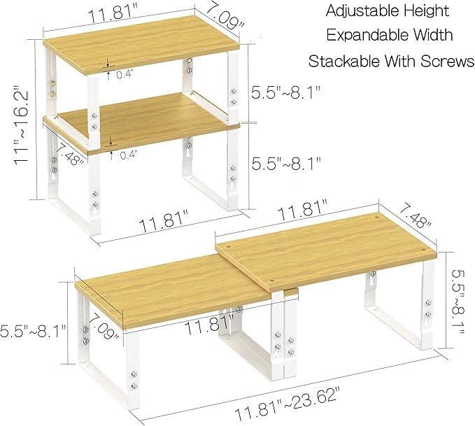 Expandable Kitchen Cabinet Organizer Shelves â Stackable Adjustable Metal and Wood Storage Racks for Countertop, Pantry, Garage Set of 2 Spice Rack â Easy Assembly, Space-Saving(2 Packs/Medium/White)