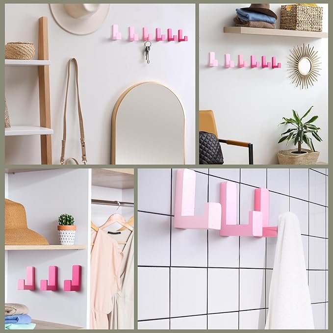 6 Pack Cute Kids Coat Wall Hooks Wooden Adhesive Decorative Colorful Wall Mounted Hangers Backpack Hooks for Hanging Keys Towel Clothes Bathroom Organization(Pink Mixed Color)