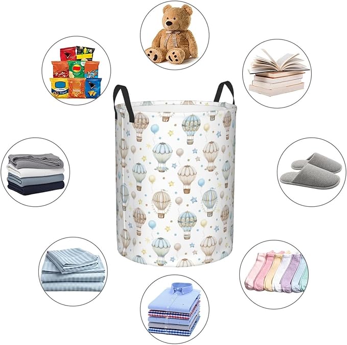 Watercolor Hot Air Balloon Round Laundry Hamper Storage Basket Toys Clothes Organizer Bin For Home Bathroom Bedroom Dorm Nursery, 38l