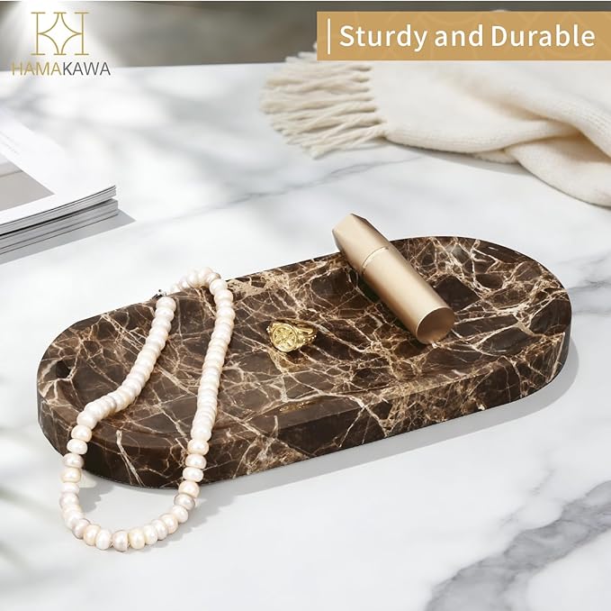 Bathroom Vanity Tray, Natural Marble Oval Tray 10 inch, Emperador Dark Marble Vanity Tray for Soap Dispenser Modern Countertop Organizer for Kitchen Countertops, Home Decor