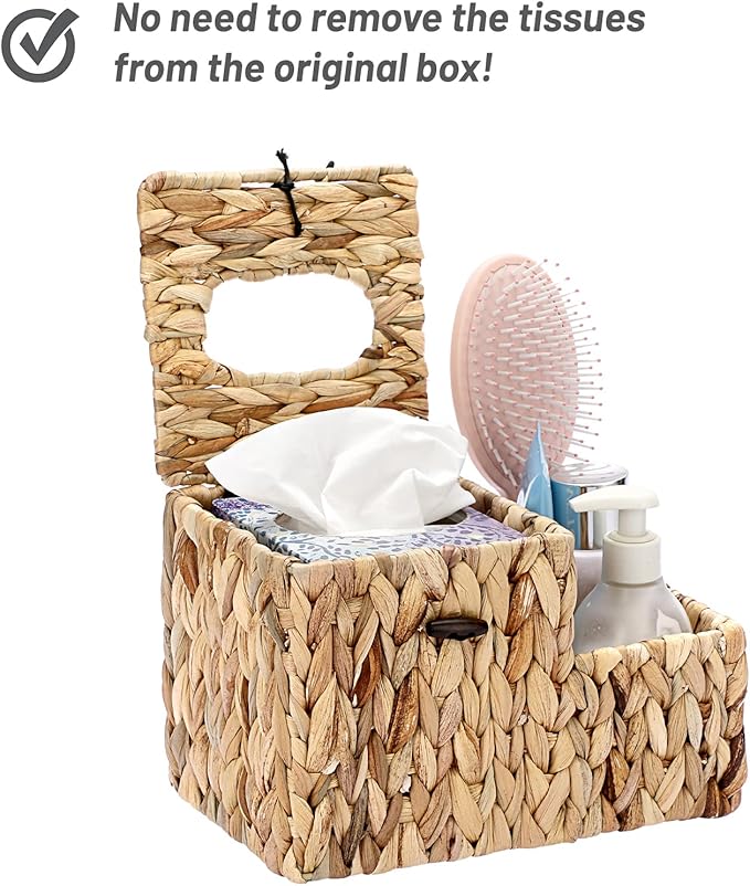 Sumnacon Square Woven Tissue Box Cover - Decorative Cube Wicker Tissue Box Holder with Side Organizer, Rustic Water Hyacinth Tissue Holder for Living Room Vanity Night Stand Table Countertop Office