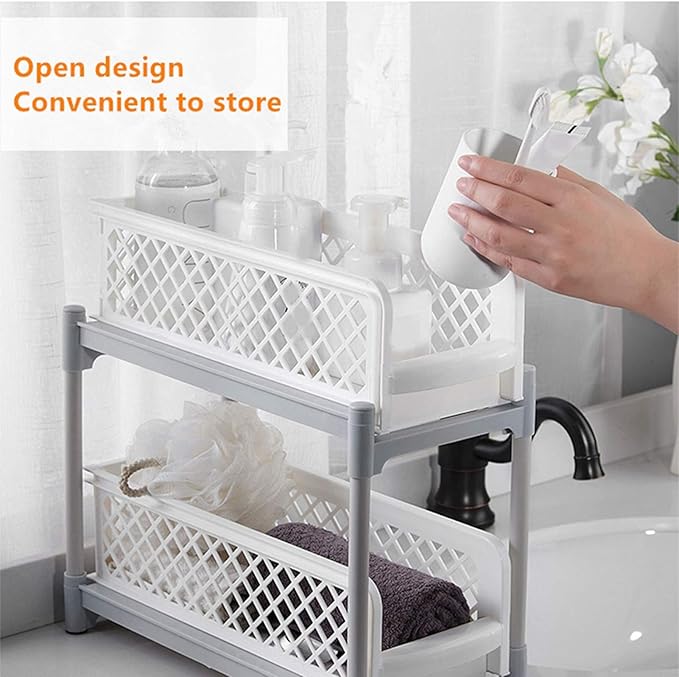 2 - Layer Bathroom Sliding Basket Storage Cabinet Organizer, White Bathroom Shelf with Pull Out Drawers, Space Saving Storage Rack for Kitchen Bathroom Office, Sturdy PP ABS Materi