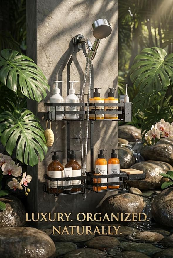 Shower Caddy Hanging for Handheld Showerheads, Rustproof Black Shower Organizer with Hooks, Soap Holder & Toothbrush Holder, No Drilling Shower Storage Rack for Bathroom