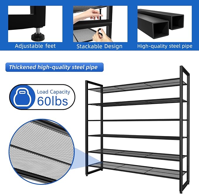 Simple Trending Shoe Rack Holds 60 Pairs, 12 Tier Shoe Organizer, Heavy Duty Large Metal Stackable Shoe Storage for Closet, Black