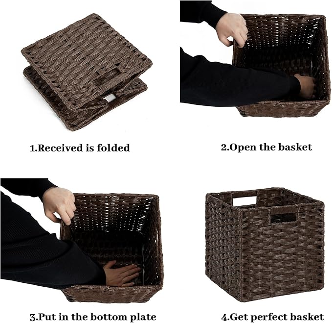 DULLEMELO Wicker Storage Baskets 11x11 Cube Storage Bins for Organizing Plastic Woven Baskets Set of 4 Waterproof Wowen Storage Cube Organizer for Pantry Closet Set of 4 - Deep Coffee