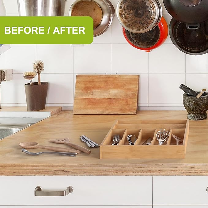 Bamboo Utensil Drawer Organizer, Silverware Tray Organizer, Kitchen Drawer Organizer for Flatware Cutlery, Silverware Tray for Drawer (Natural, Large 16.5x12.3 Inch)