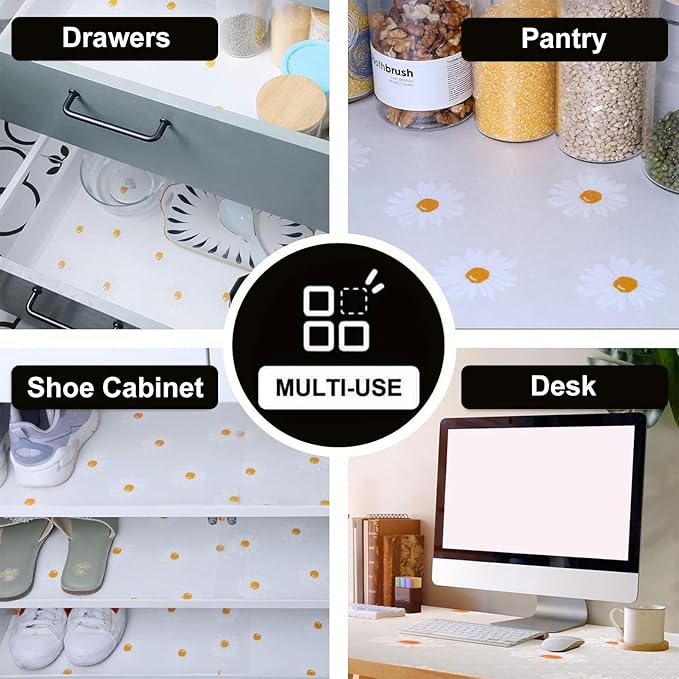 INNOLITES Shelf Liners for Kitchen Cabinets – Drawer Liner Waterproof & Oil-Proof, Non-Adhesive EVA with Floral Pattern – Durable Washable, Easy to Clean (Clean Daisy, 17.5" x 197")