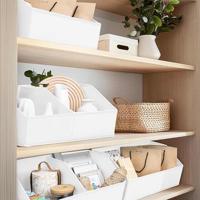 Closet Organizers and Storage Bins - 4 Pack Collapsible Divided Trapezoidal Cube Storage Bins Baskets with Orange Handle for Organizing Clothes Blankets, Toys, Books, Towels(White)