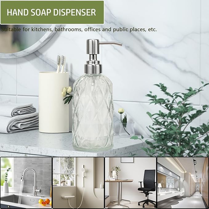 12Oz Clear Glass Soap Dispenser with Stainless Steel Pump, Diamond Design Refillable Kitchen Liquid Hand Soap Dispenser, for Dispense Hand soap, Dish Soap, Lotion, Bathroom, Countertop, Hotel