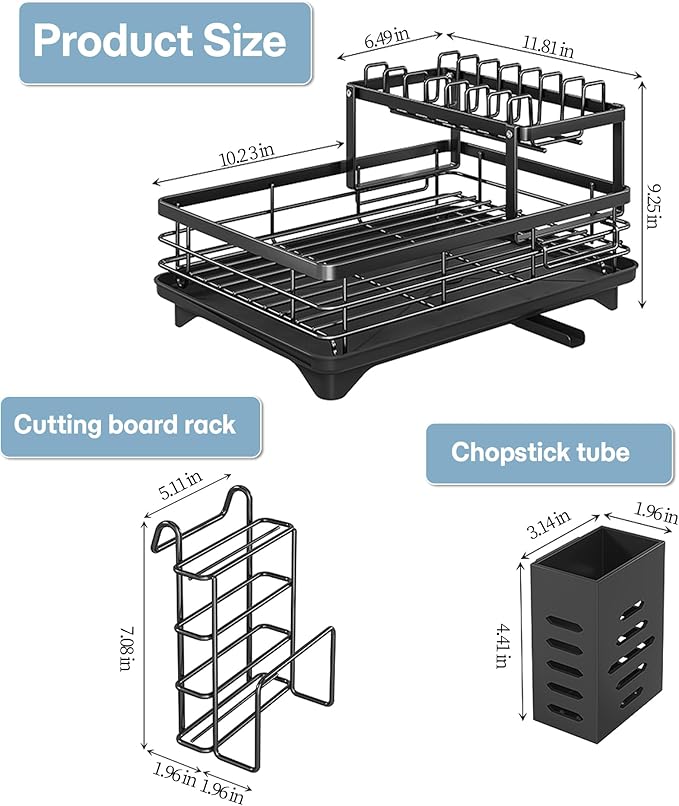 Carbon Steel Dish Rack & Utensil Holder - Space Saving 2-Tier Kitchen Counter Organizer, Rust-Resistant Drainage for Small Kitchens